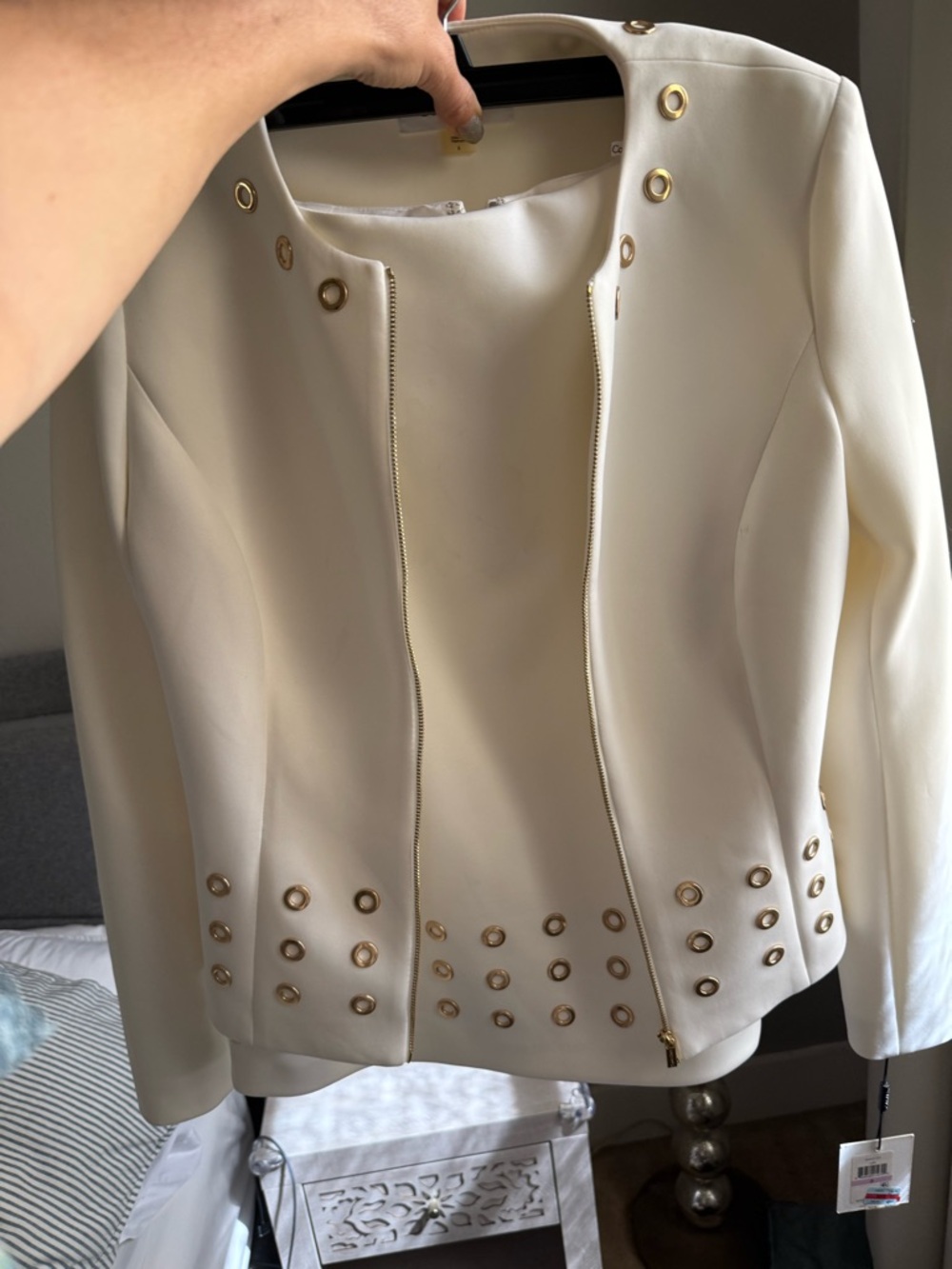 Calvin Klein Cream Zip-Front Jacket with Gold Eyelets